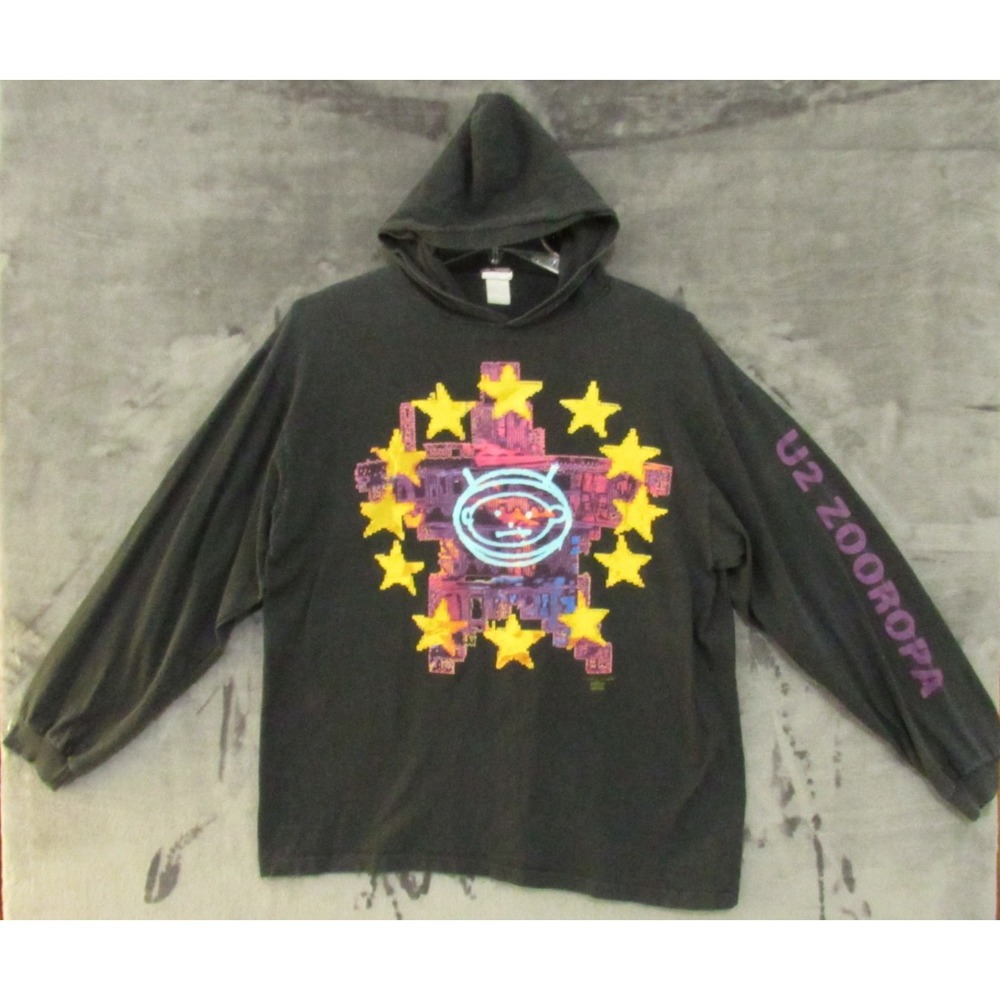 U2 Zooropa 1993 Black Hoodie Winterland Productions Large Concert LP Shirt read